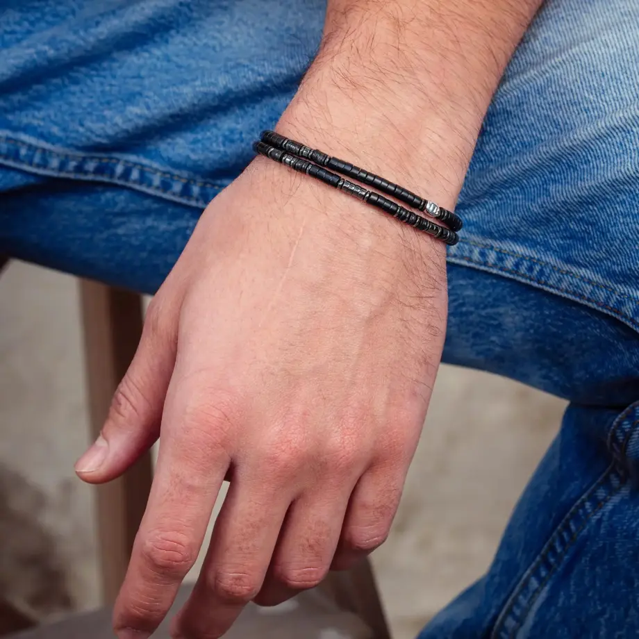 Collier & Bracelet 2 Tours Stones Agate Noire – Têtes Blondes – Bob Corner